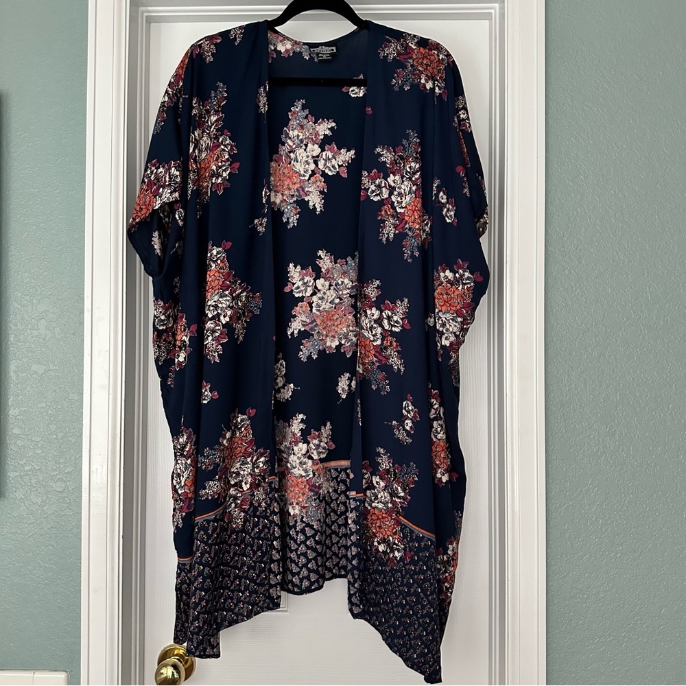 Angie‎ Boho Navy Floral Print Longline Lightweight Kimono Cardigan Size Large
